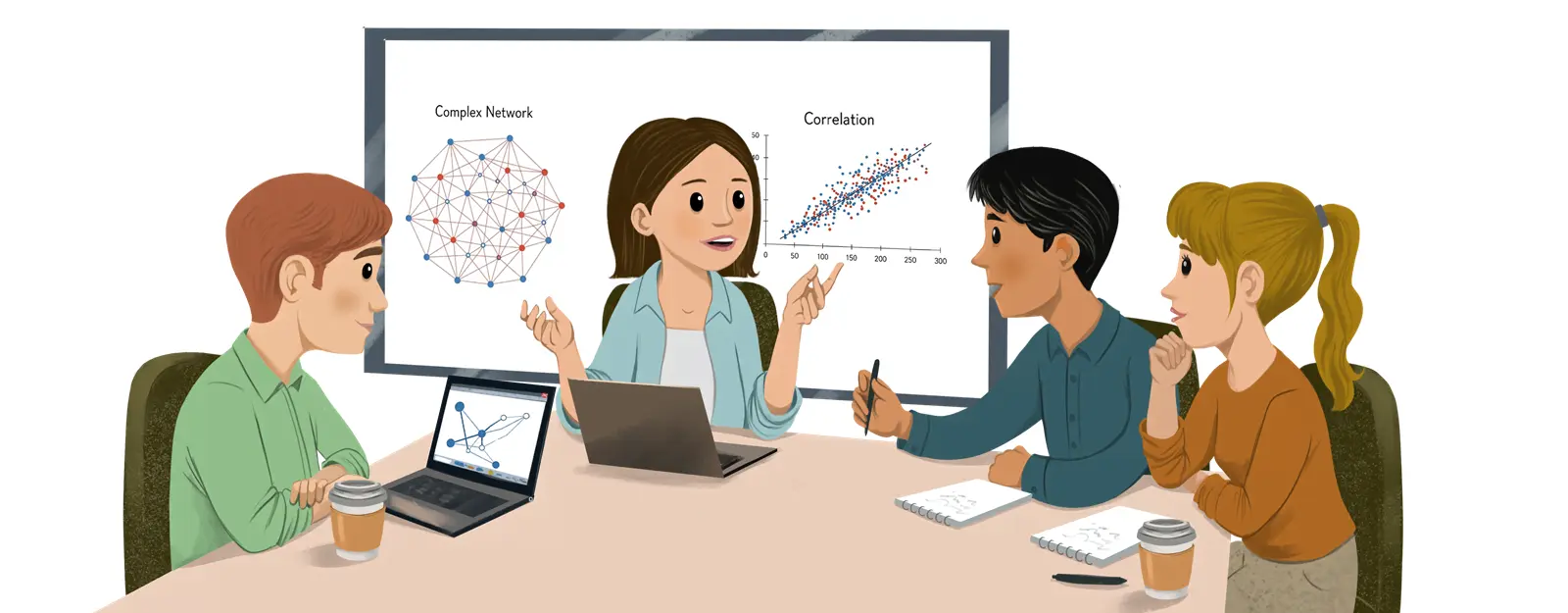 ENTP woman leading an analytical discussion, showing her intellectual confidence, and ability to challenge ideas in a collaborative setting